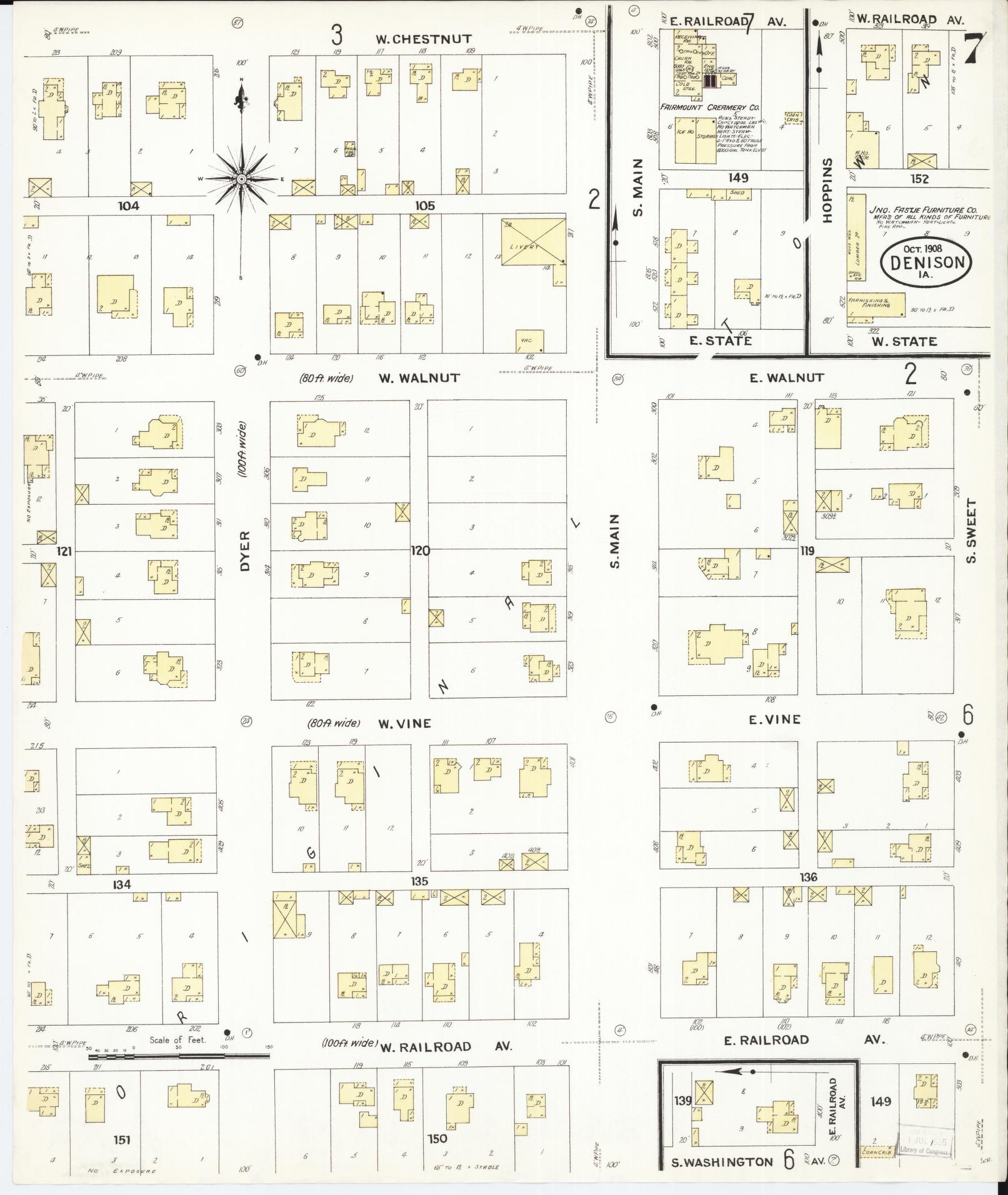 Sanborn Fire Insurance Map from Denison, Crawford County, Iowa (1908), Sheet #0007 - Historic Sanborn Fire Insurance Map Print, vintage old map wall art