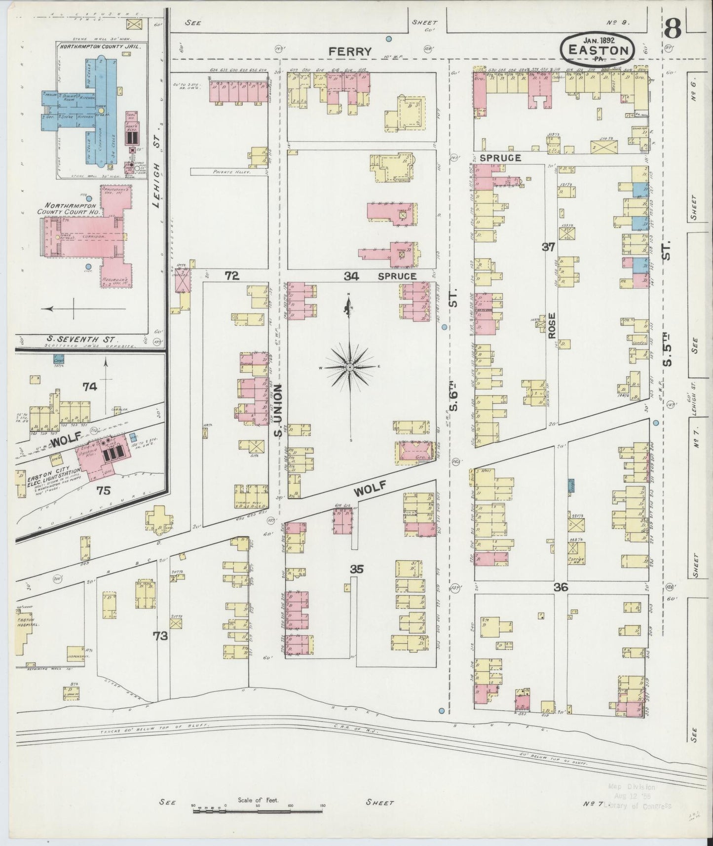 Sanborn Fire Insurance Map from Easton, Northampton County, Pennsylvania (1892), Sheet #0008 - Historic Sanborn Fire Insurance Map Print, vintage old map wall art, antique decor, genealogy gift, Pennsylvania Pennsylvania map