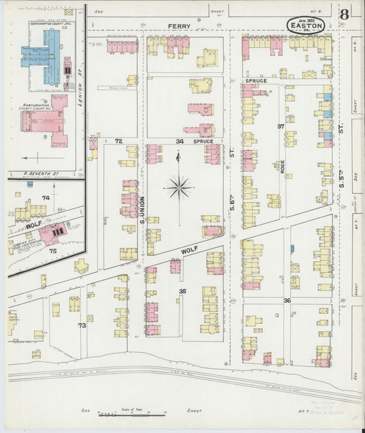 Sanborn Fire Insurance Map from Easton, Northampton County, Pennsylvania (1892), Sheet #0008 - Historic Sanborn Fire Insurance Map Print, vintage old map wall art, antique decor, genealogy gift, Pennsylvania Pennsylvania map