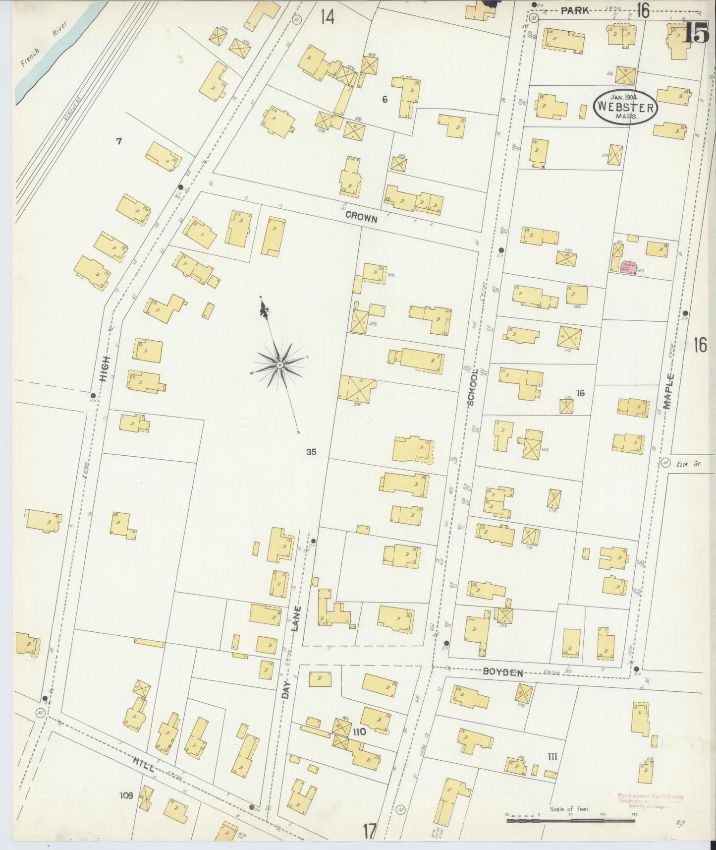 Sanborn Fire Insurance Map from Webster, Worcester County, Massachusetts (1904), Sheet #0015 - Complete Map Set gallery image, historic Sanborn map, vintage wall art, Massachusetts Massachusetts