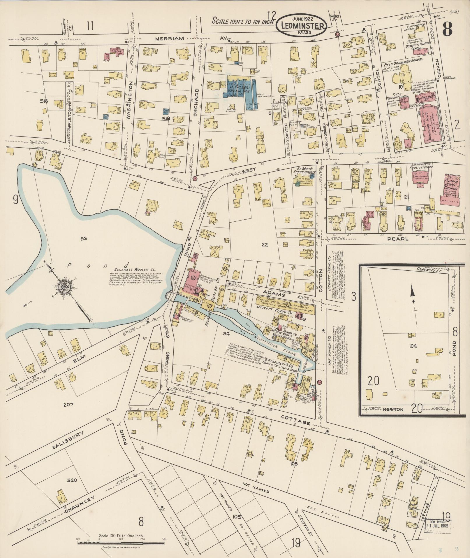 Sanborn Fire Insurance Map from Leominster, Worcester County, Massachusetts (1922), Sheet #0008 - Complete Map Set gallery image, historic Sanborn map, vintage wall art, Massachusetts Massachusetts