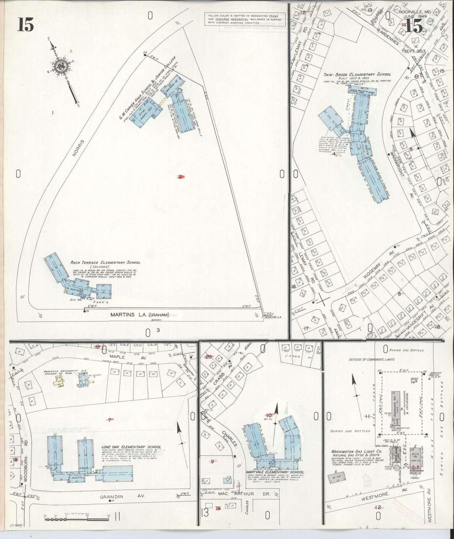 Sanborn Fire Insurance Map from Rockville, Montgomery County, Maryland (1960), Sheet #0015 - Historic Sanborn Fire Insurance Map Print, vintage old map wall art, antique decor, genealogy gift, Maryland Maryland map