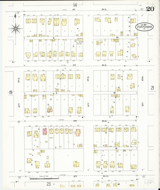 Sanborn Fire Insurance Map from Fort Dodge, Webster County, Iowa (1907), Sheet #0020 - Historic Sanborn Fire Insurance Map Print, vintage old map wall art