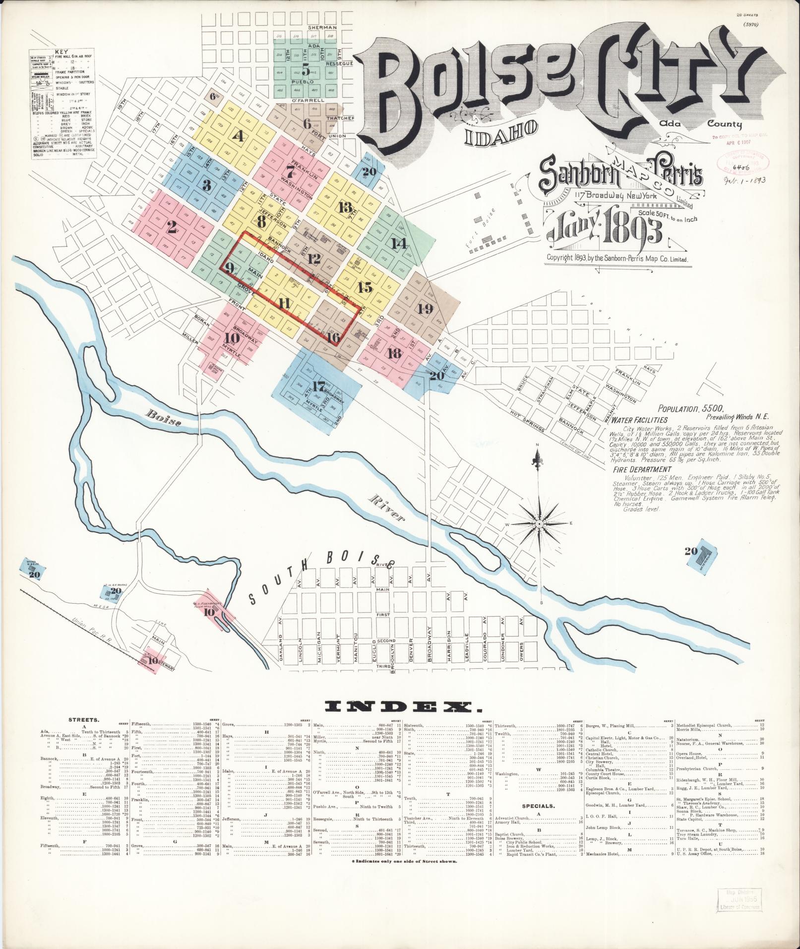 Sanborn Fire Insurance Map from Boise, Ada County, Idaho (1893), Sheet #0001 - Historic Sanborn Fire Insurance Map Print, vintage old map wall art, antique decor, genealogy gift, Idaho Idaho map