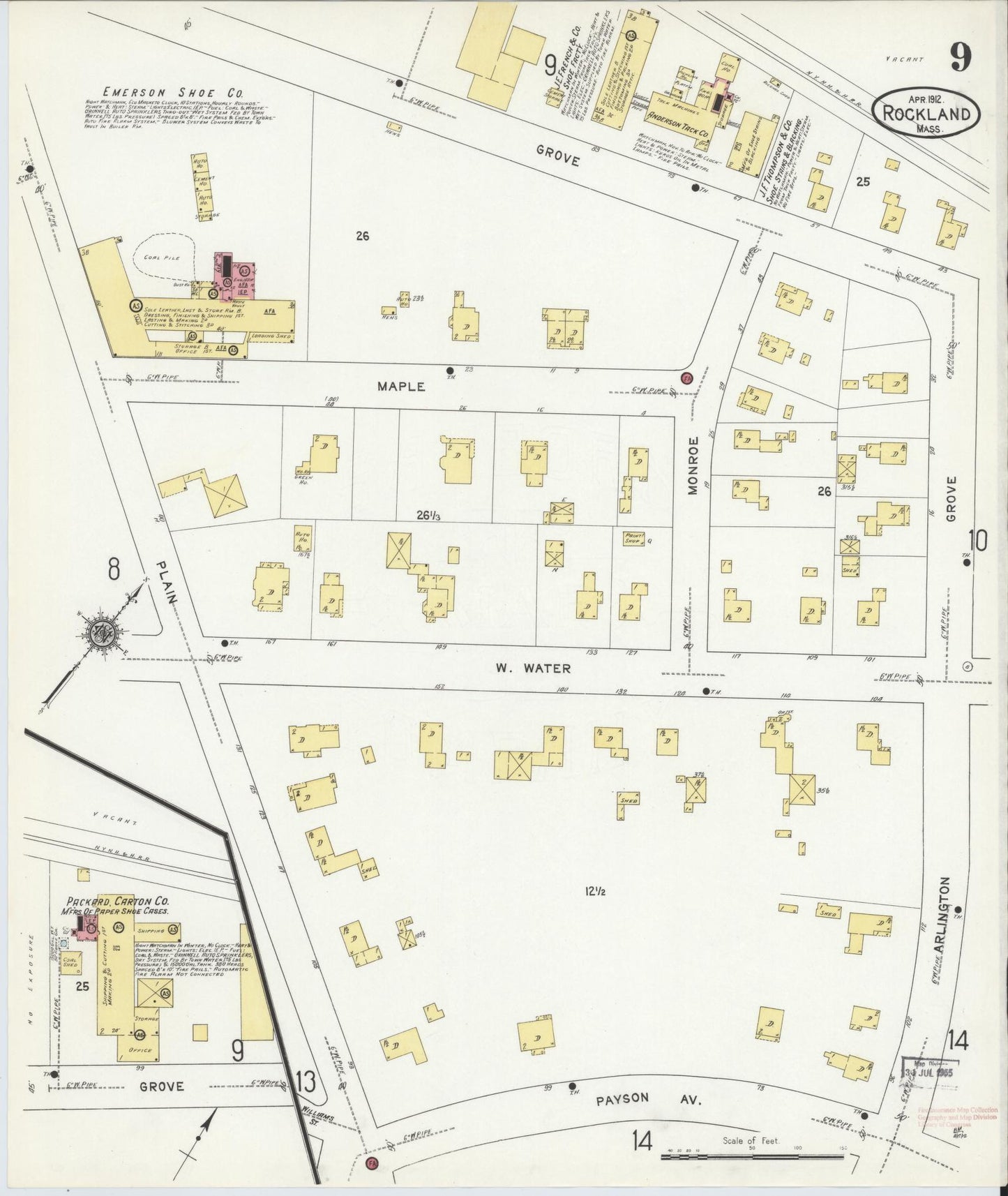 Sanborn Fire Insurance Map from Rockland, Plymouth County, Massachusetts (1912), Sheet #0009 - Historic Sanborn Fire Insurance Map Print, vintage old map wall art, antique decor, genealogy gift, Massachusetts Massachusetts map