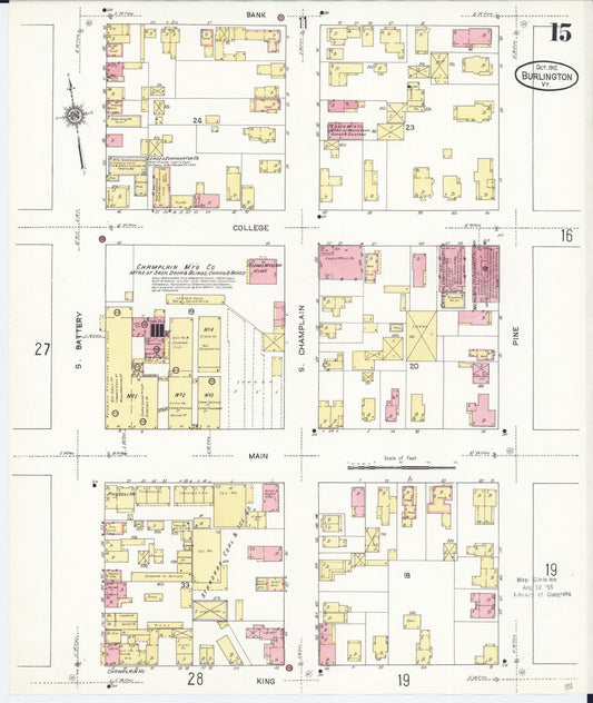 Sanborn Fire Insurance Map from Burlington, Chittenden County, Vermont (1912), Sheet #0015 - Historic Sanborn Fire Insurance Map Print, vintage old map wall art, antique decor, genealogy gift, Vermont Vermont map