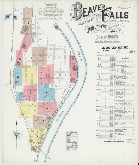 Sanborn Fire Insurance Map from Beaver Falls, Beaver County, Pennsylvania (1891), Sheet #0001 - Historic Sanborn Fire Insurance Map Print, vintage old map wall art, antique decor, genealogy gift, Pennsylvania Pennsylvania map