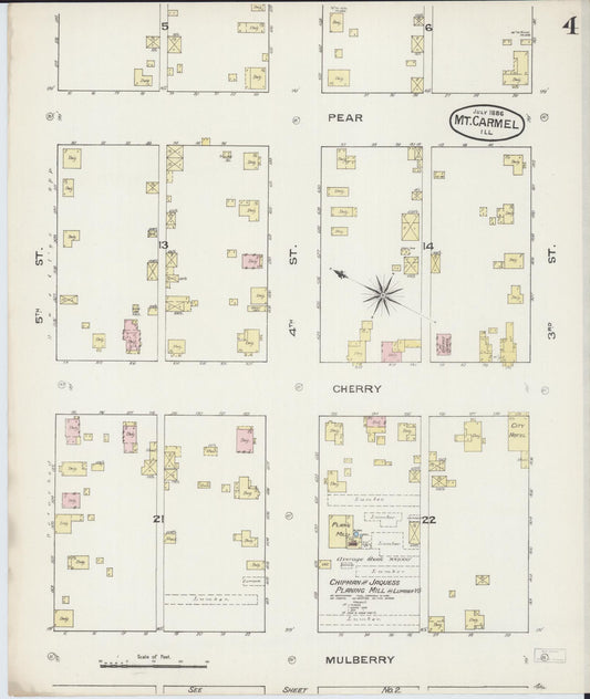 Sanborn Fire Insurance Map from Mount Carmel, Wabash County, Illinois (1886), Sheet #0004 - Historic Sanborn Fire Insurance Map Print, vintage old map wall art, antique decor, genealogy gift, Illinois Illinois map