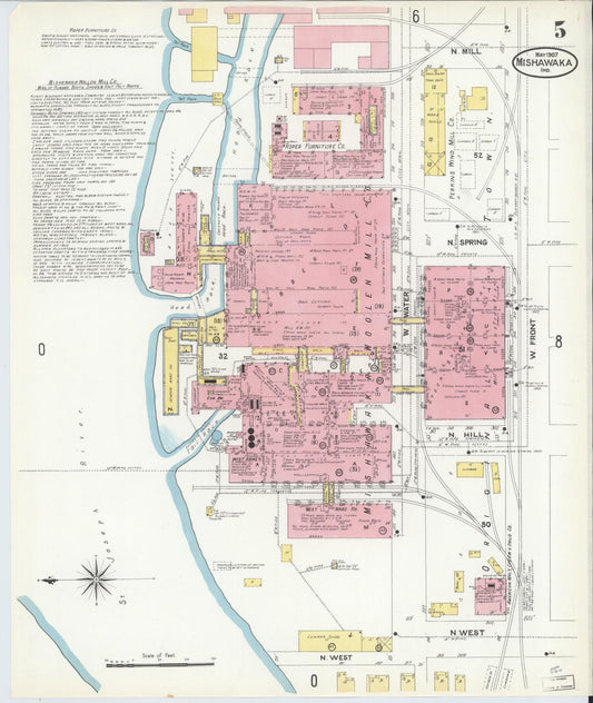 Sanborn Fire Insurance Map from Mishawaka, Saint Joseph County, Indiana (1907), Sheet #0005 - Historic Sanborn Fire Insurance Map Print, vintage old map wall art, antique decor, genealogy gift, Indiana Indiana map