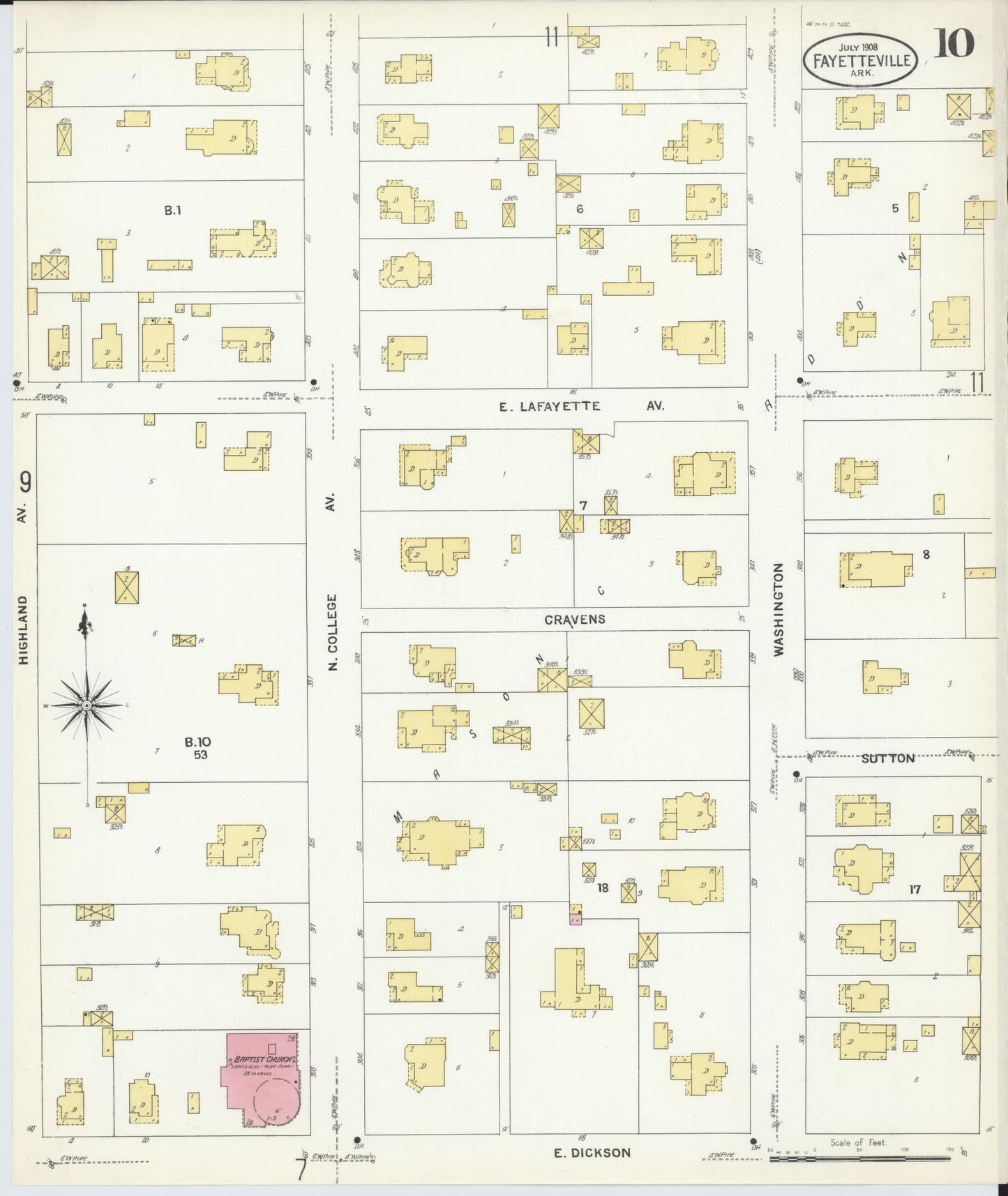 Sanborn Fire Insurance Map from Fayetteville, Washington County, Arkansas (1908), Sheet #0010 - Complete Map Set gallery image, historic Sanborn map, vintage wall art, Arkansas Arkansas