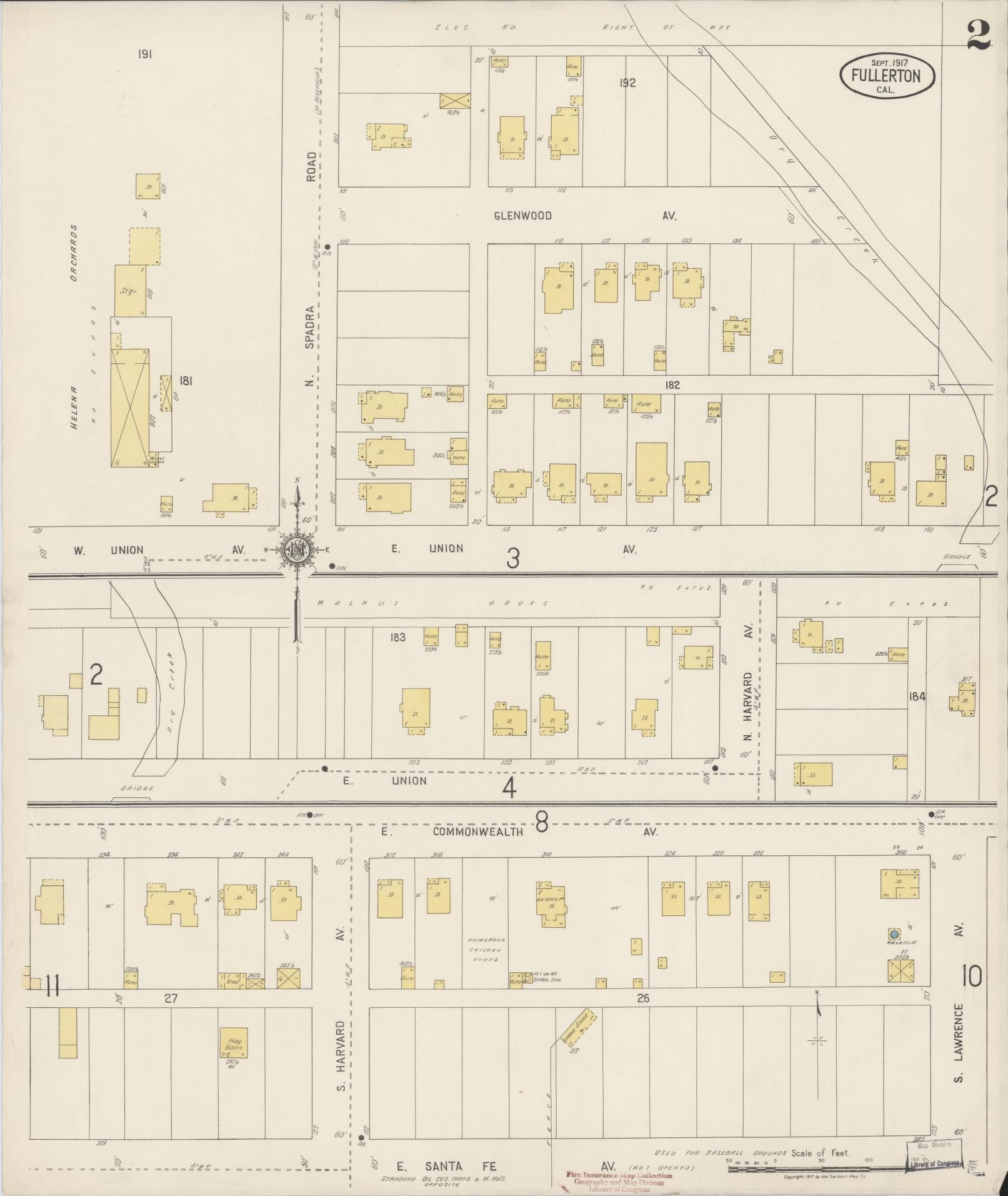 Sanborn Fire Insurance Map from Fullerton, Orange County, California (1917), Sheet #0002 - Historic Sanborn Fire Insurance Map Print, vintage old map wall art, antique decor, genealogy gift, California California map