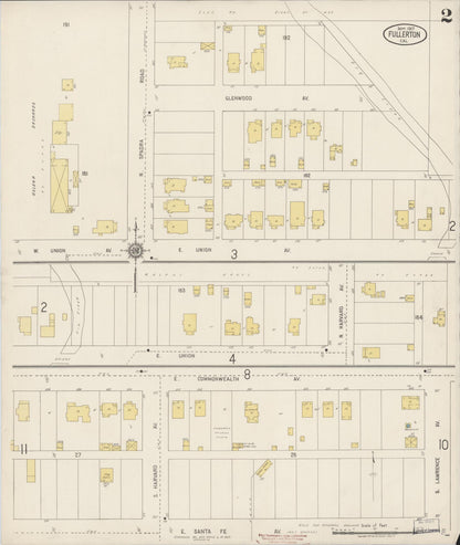 Sanborn Fire Insurance Map from Fullerton, Orange County, California (1917), Sheet #0002 - Historic Sanborn Fire Insurance Map Print, vintage old map wall art, antique decor, genealogy gift, California California map