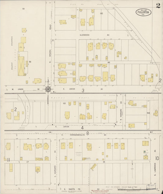 Sanborn Fire Insurance Map from Fullerton, Orange County, California (1917), Sheet #0002 - Historic Sanborn Fire Insurance Map Print, vintage old map wall art, antique decor, genealogy gift, California California map