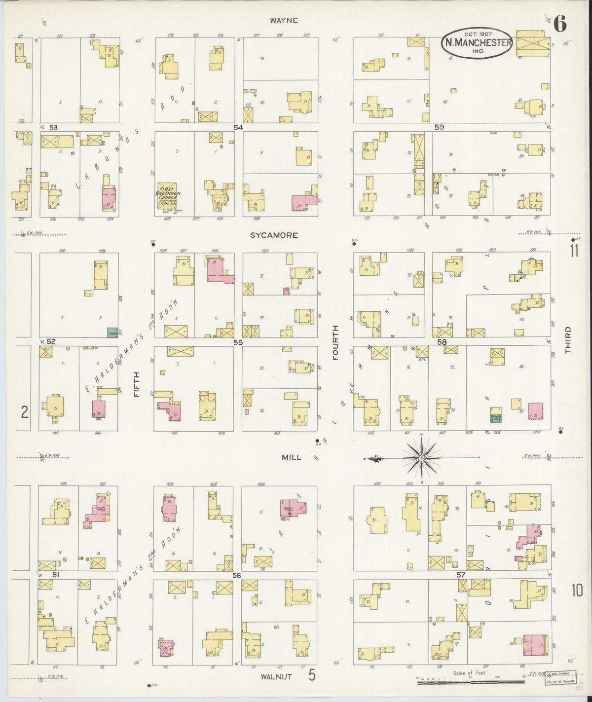 Sanborn Fire Insurance Map from North Manchester, Wabash County, Indiana (1907), Sheet #0006 - Complete Map Set gallery image, historic Sanborn map, vintage wall art, Indiana Indiana