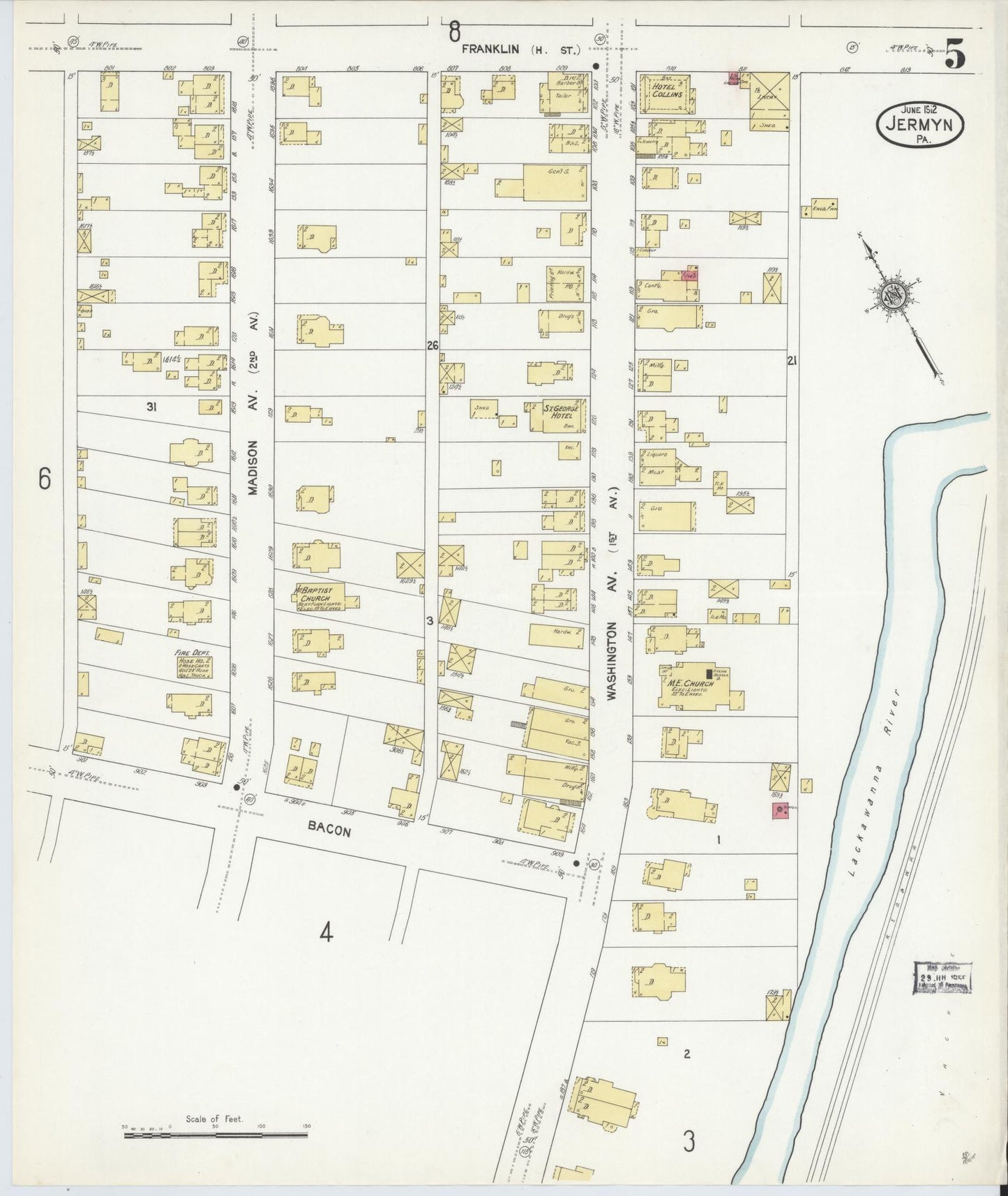 Sanborn Fire Insurance Map from Jermyn, Lackawanna County, Pennsylvania (1912), Sheet #0005 - Historic Sanborn Fire Insurance Map Print, vintage old map wall art, antique decor, genealogy gift, Pennsylvania Pennsylvania map