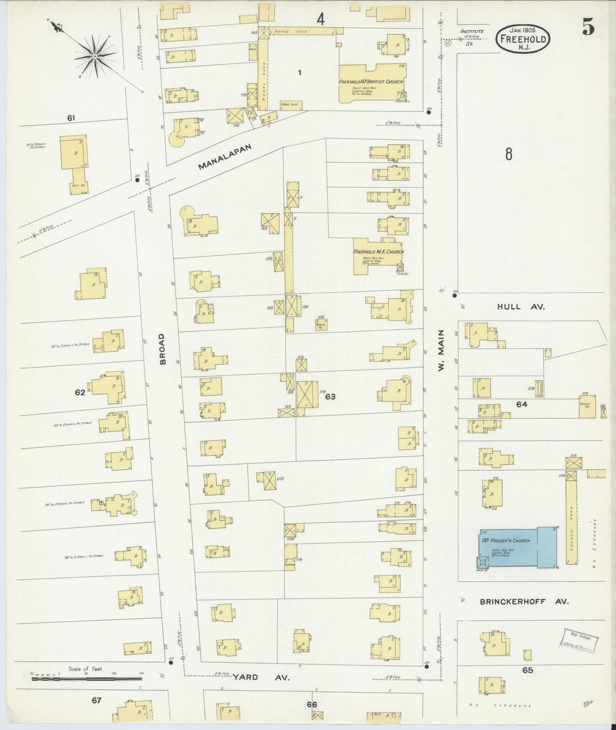 Sanborn Fire Insurance Map from Freehold, Monmouth County, New Jersey (1909), Sheet #0005 - Complete Map Set gallery image, historic Sanborn map, vintage wall art, New Jersey New Jersey