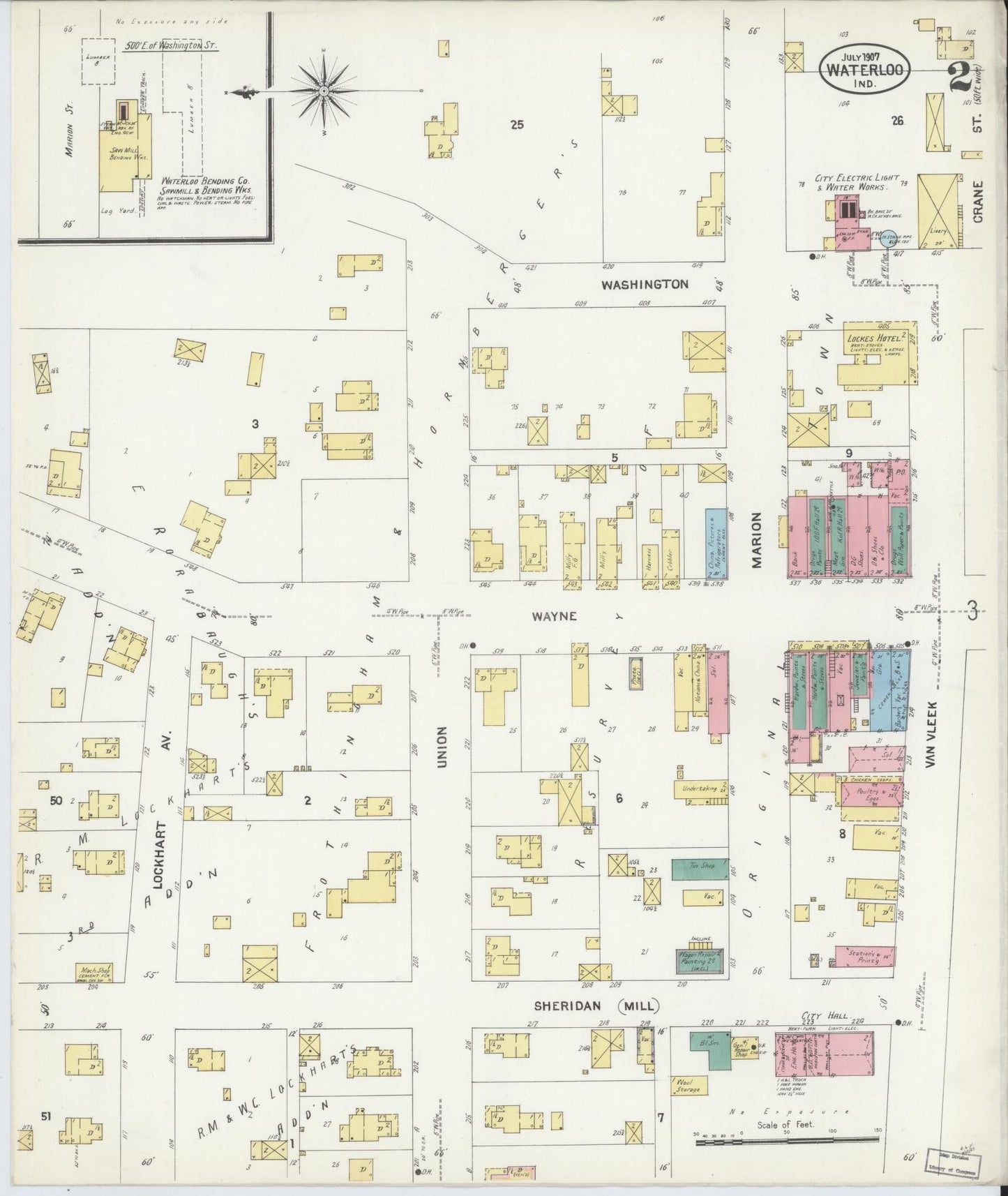 Sanborn Fire Insurance Map from Waterloo, De Kalb County, Indiana (1907), Sheet #0002 - Complete Map Set gallery image, historic Sanborn map, vintage wall art, Indiana Indiana