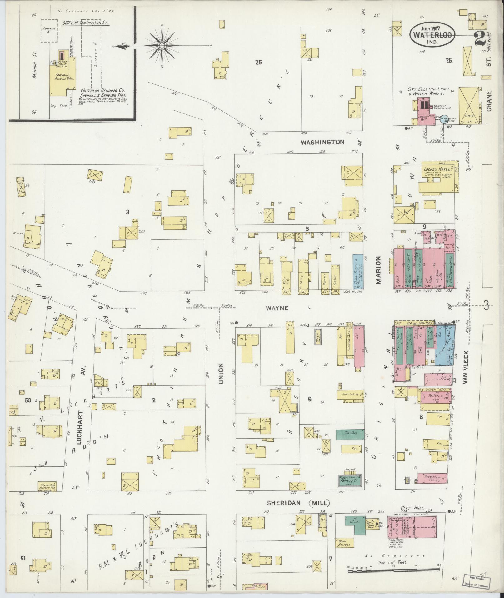Sanborn Fire Insurance Map from Waterloo, De Kalb County, Indiana (1907), Sheet #0002 - Complete Map Set gallery image, historic Sanborn map, vintage wall art, Indiana Indiana