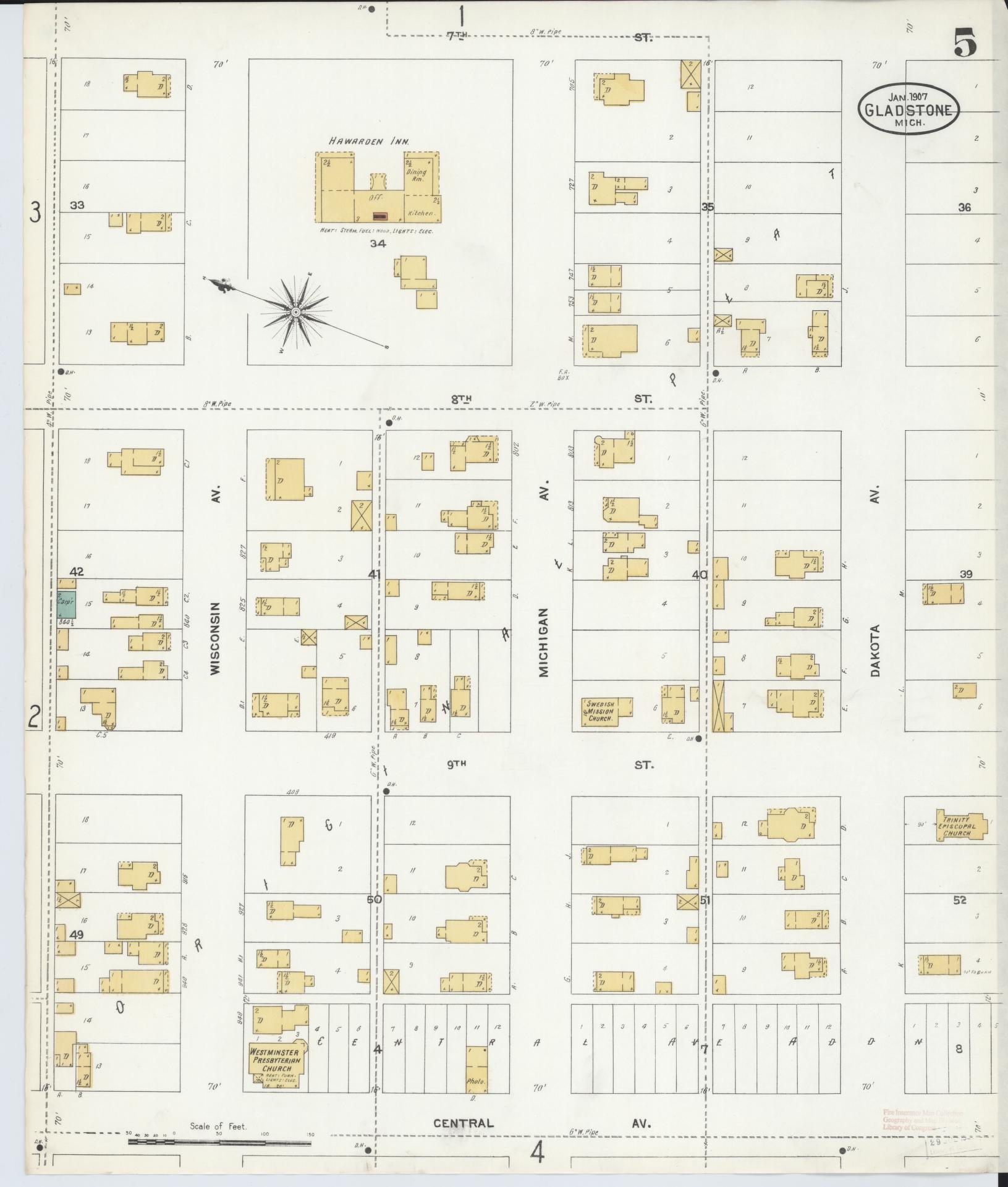 Sanborn Fire Insurance Map from Gladstone, Delta County, Michigan (1907), Sheet #0005 - Historic Sanborn Fire Insurance Map Print, vintage old map wall art, antique decor, genealogy gift, Michigan Michigan map