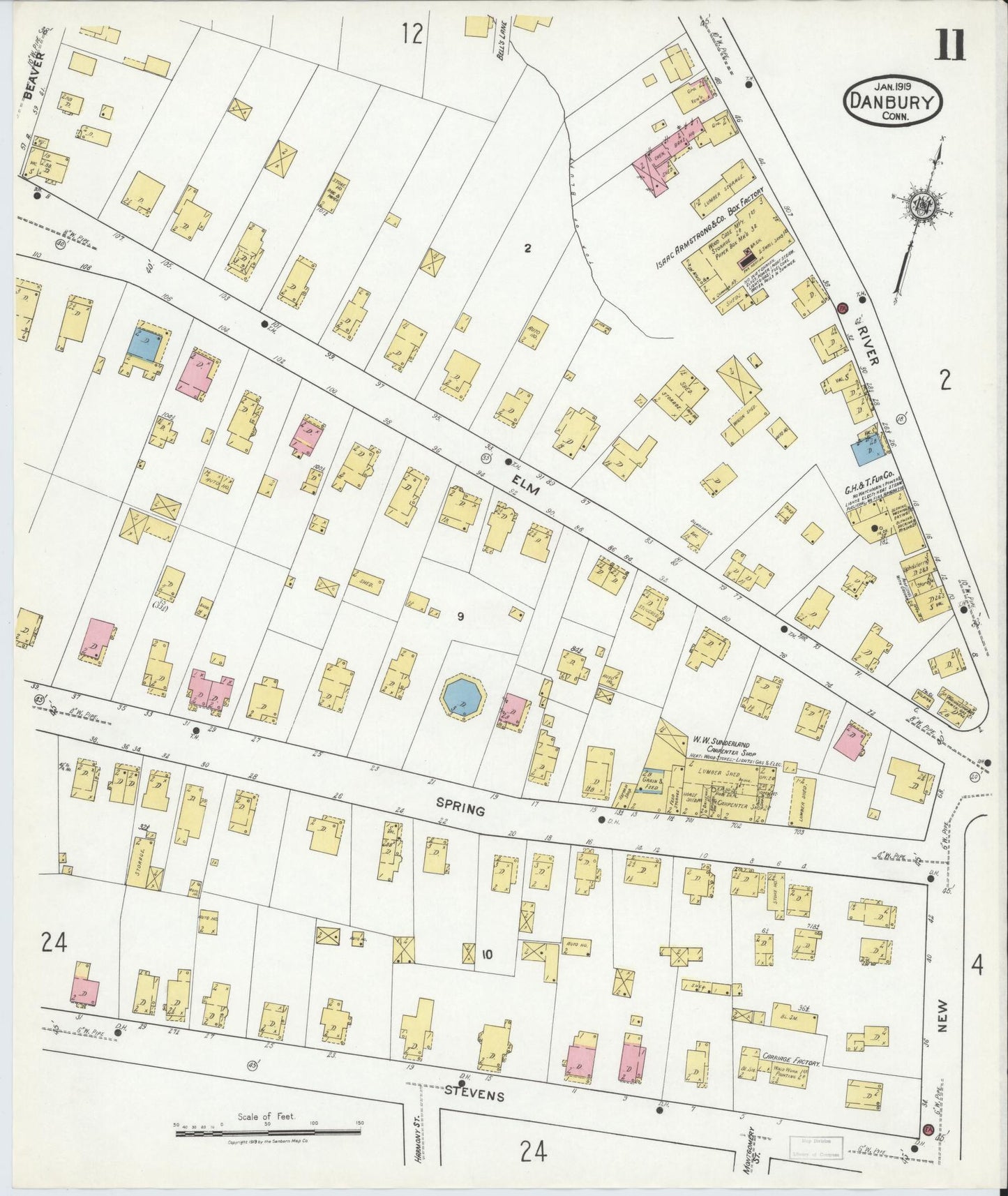 Sanborn Fire Insurance Map from Danbury, Fairfield County, Connecticut (1919), Sheet #0011 - Historic Sanborn Fire Insurance Map Print, vintage old map wall art, antique decor, genealogy gift, Connecticut Connecticut map