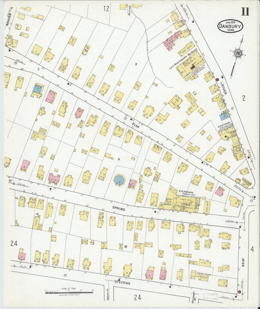 Sanborn Fire Insurance Map from Danbury, Fairfield County, Connecticut (1919), Sheet #0011 - Historic Sanborn Fire Insurance Map Print, vintage old map wall art, antique decor, genealogy gift, Connecticut Connecticut map