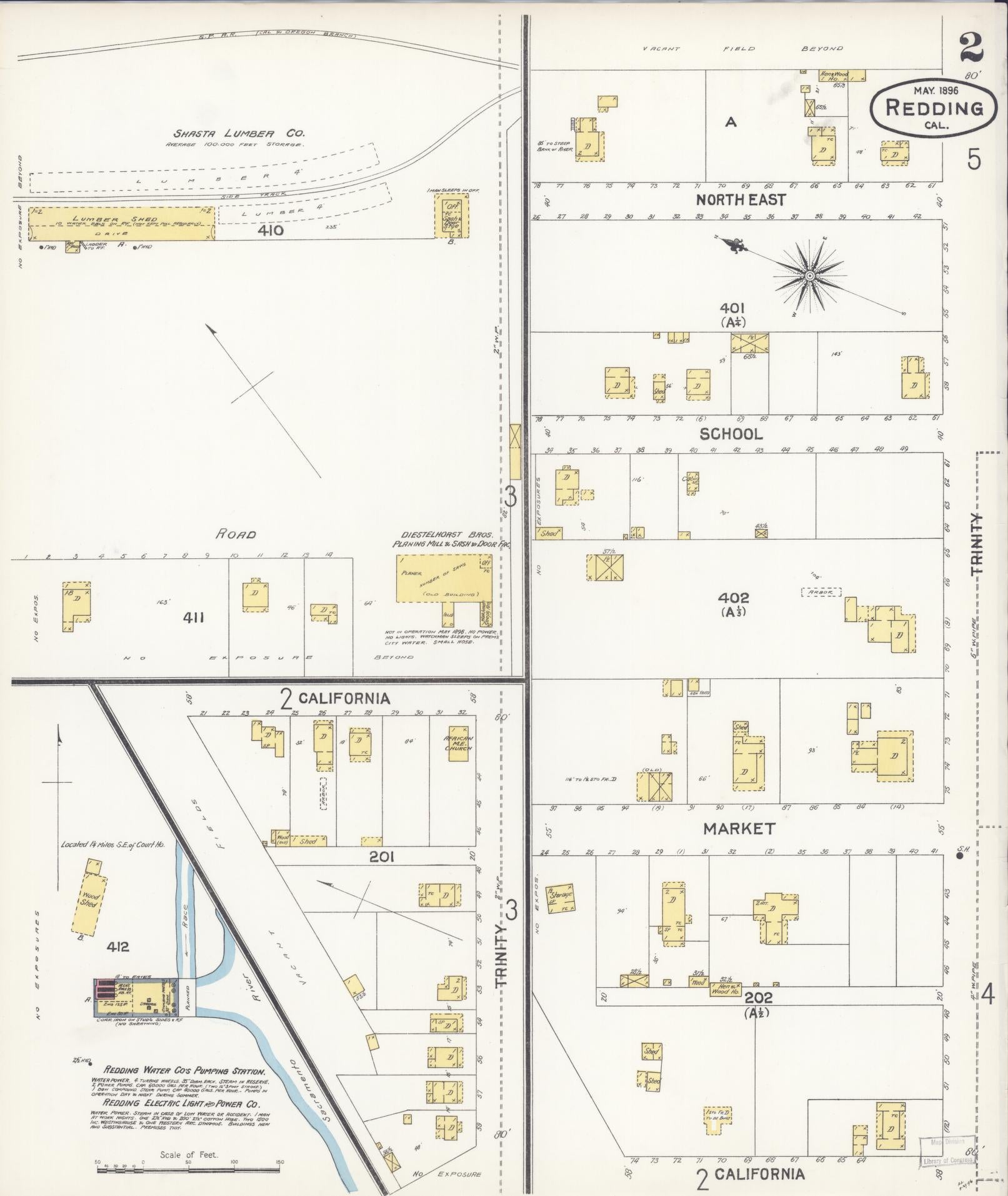 Sanborn Fire Insurance Map from Redding, Shasta County, California (1896), Sheet #0002 - Complete Map Set gallery image, historic Sanborn map, vintage wall art, California California