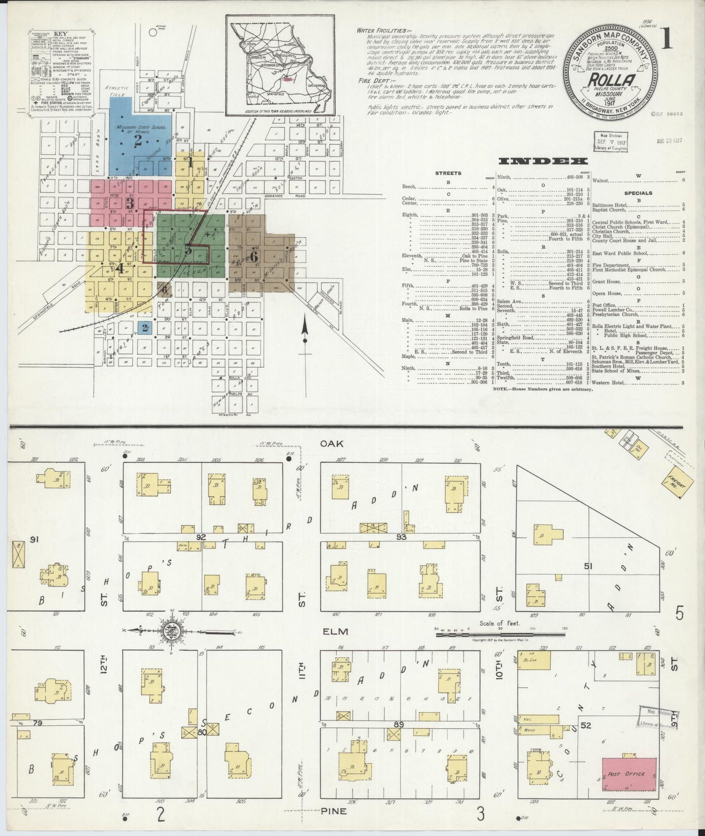 Sanborn Fire Insurance Map from Rolla, Phelps County, Missouri (1917), Sheet #0001 - Complete Map Set gallery image, historic Sanborn map, vintage wall art, Missouri Missouri