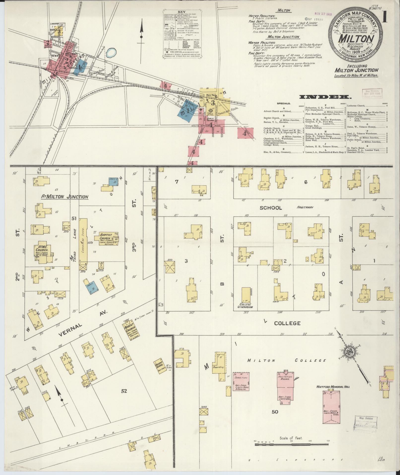 Sanborn Fire Insurance Map from Milton, Rock County, Wisconsin (1909), Sheet #0001 - Historic Sanborn Fire Insurance Map Print, vintage old map wall art, antique decor, genealogy gift, Wisconsin Wisconsin map