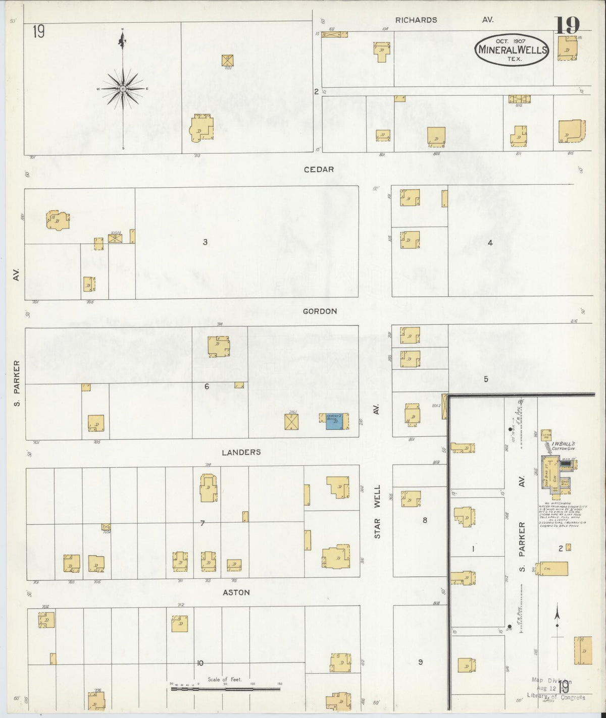 Sanborn Fire Insurance Map from Mineral Wells, Palo Pinto County, Texas (1907), Sheet #0019 - Historic Sanborn Fire Insurance Map Print, vintage old map wall art, antique decor, genealogy gift, Texas Texas map