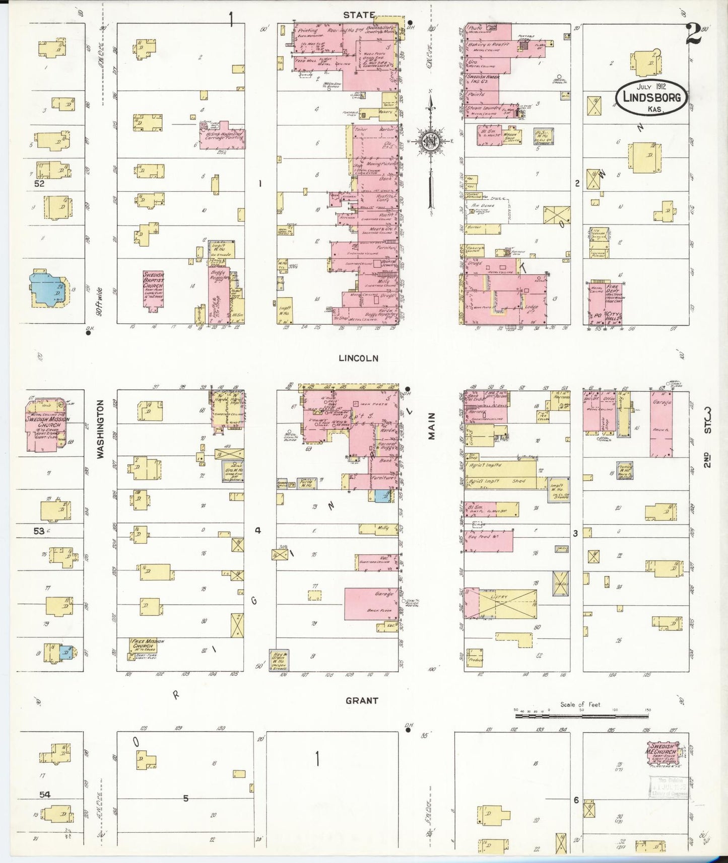 Sanborn Fire Insurance Map from Lindsborg, Mcpherson County, Kansas (1912), Sheet #0002 - Historic Sanborn Fire Insurance Map Print, vintage old map wall art, antique decor, genealogy gift, Kansas Kansas map