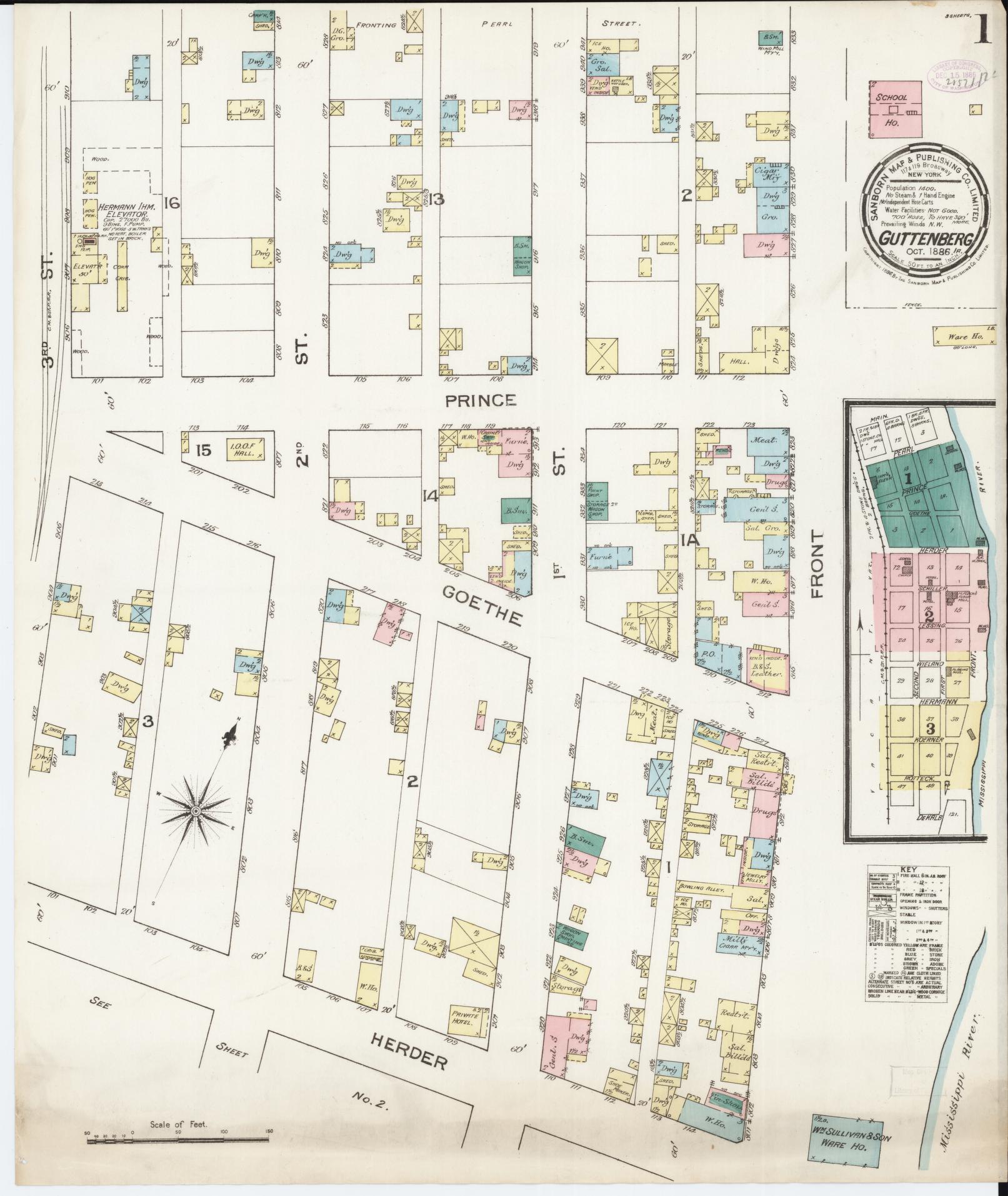 Sanborn Fire Insurance Map from Guttenberg, Clayton County, Iowa (1886), Sheet #0001 - Historic Sanborn Fire Insurance Map Print, vintage old map wall art