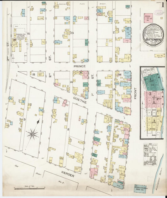 Sanborn Fire Insurance Map from Guttenberg, Clayton County, Iowa (1886), Sheet #0001 - Historic Sanborn Fire Insurance Map Print, vintage old map wall art