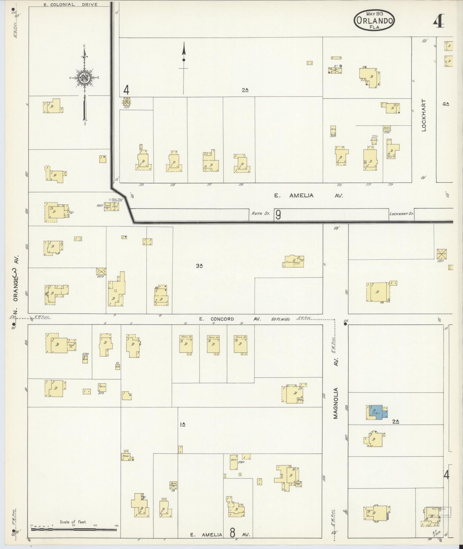 Sanborn Fire Insurance Map from Orlando, Orange County, Florida (1913), Sheet #0004 - Historic Sanborn Fire Insurance Map Print, vintage old map wall art, antique decor, genealogy gift, Florida Florida map