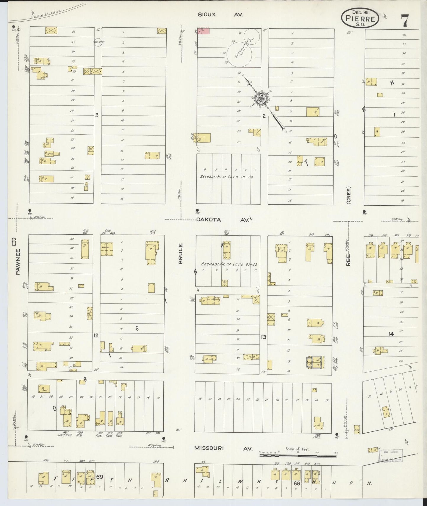 Sanborn Fire Insurance Map from Pierre, Hughes County, South Dakota (1915), Sheet #0007 - Complete Map Set gallery image, historic Sanborn map, vintage wall art, South Dakota South Dakota