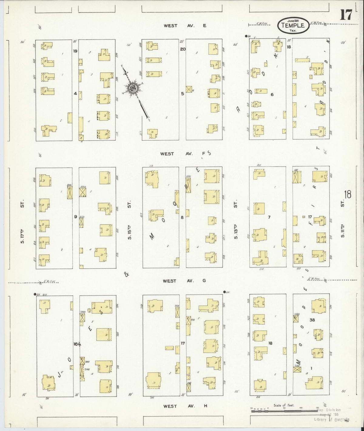 Sanborn Fire Insurance Map from Temple, Bell County, Texas (1910), Sheet #0017 - Historic Sanborn Fire Insurance Map Print, vintage old map wall art, antique decor, genealogy gift, Texas Texas map
