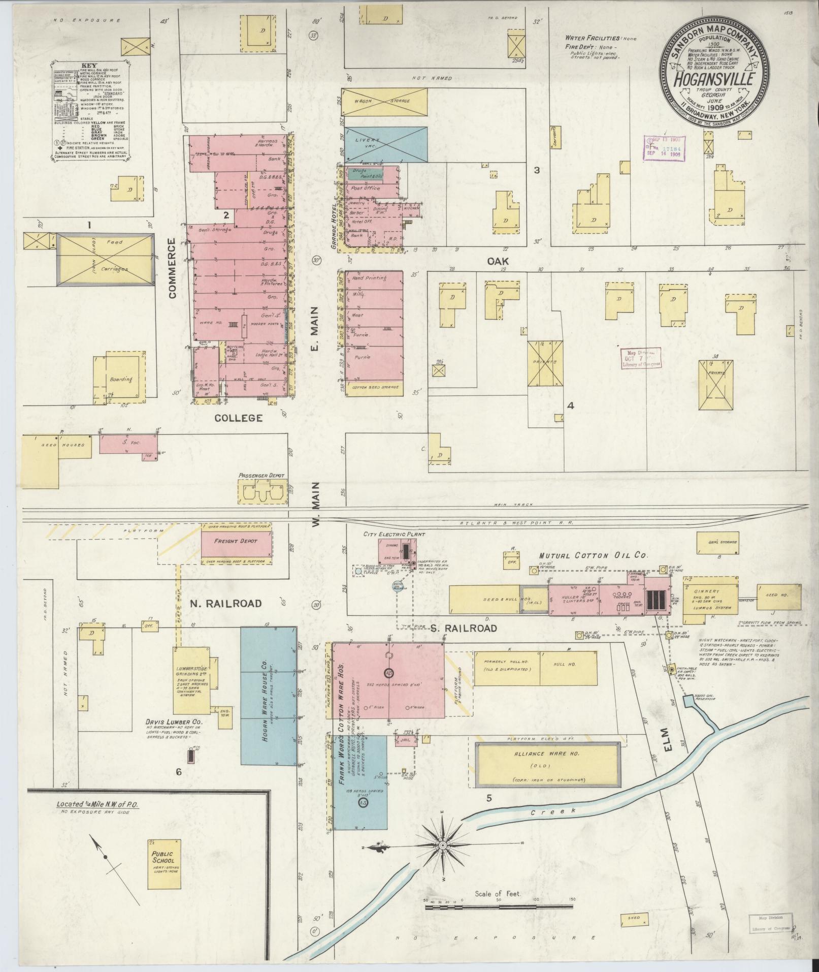 Sanborn Fire Insurance Map from Hogansville, Troup County, Georgia (1909), Sheet #0001 - Historic Sanborn Fire Insurance Map Print, vintage old map wall art, antique decor, genealogy gift, Georgia Georgia map