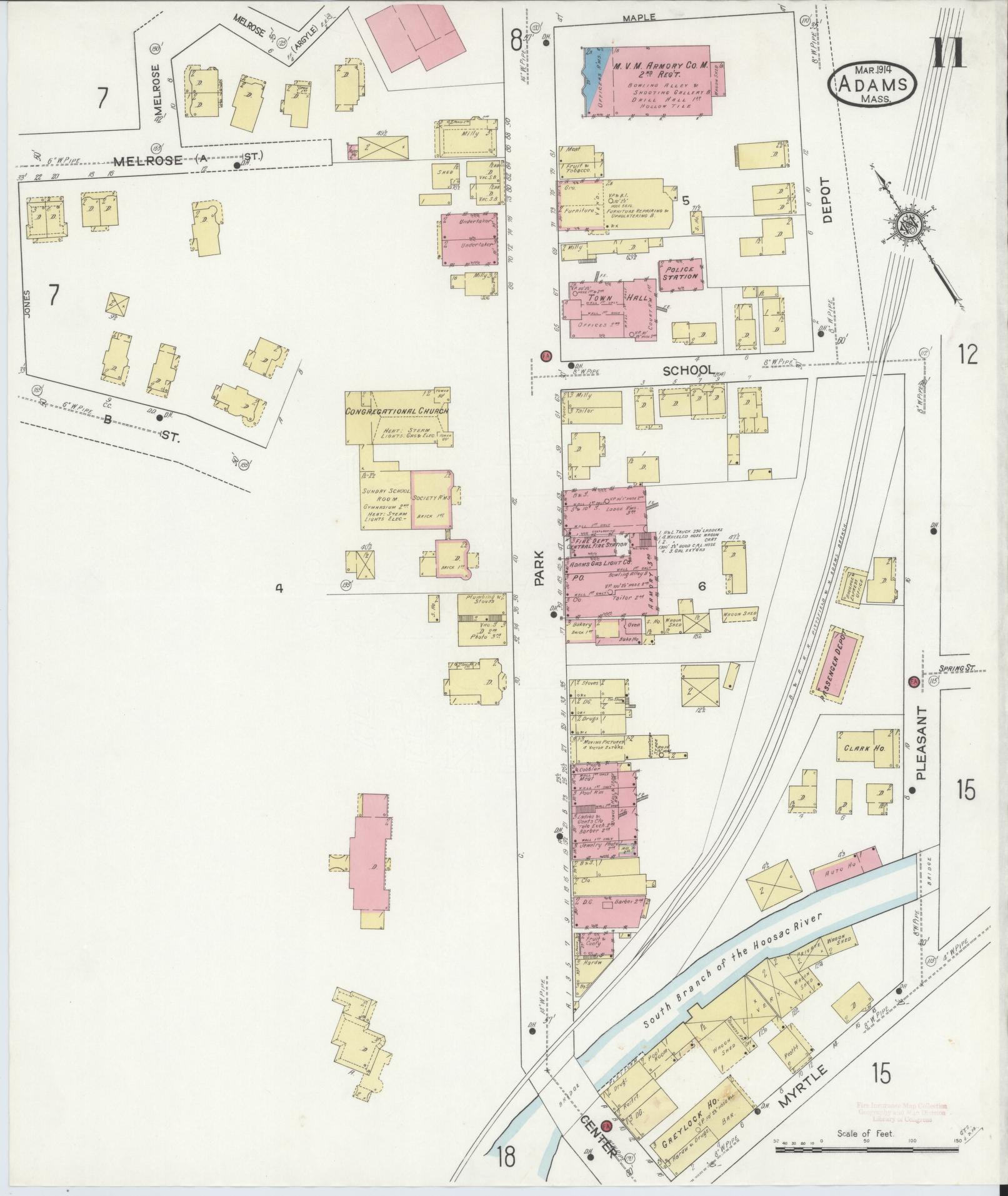 Sanborn Fire Insurance Map from Adams, Berkshire County, Massachusetts (1914), Sheet #0011 - Complete Map Set gallery image, historic Sanborn map, vintage wall art, Massachusetts Massachusetts