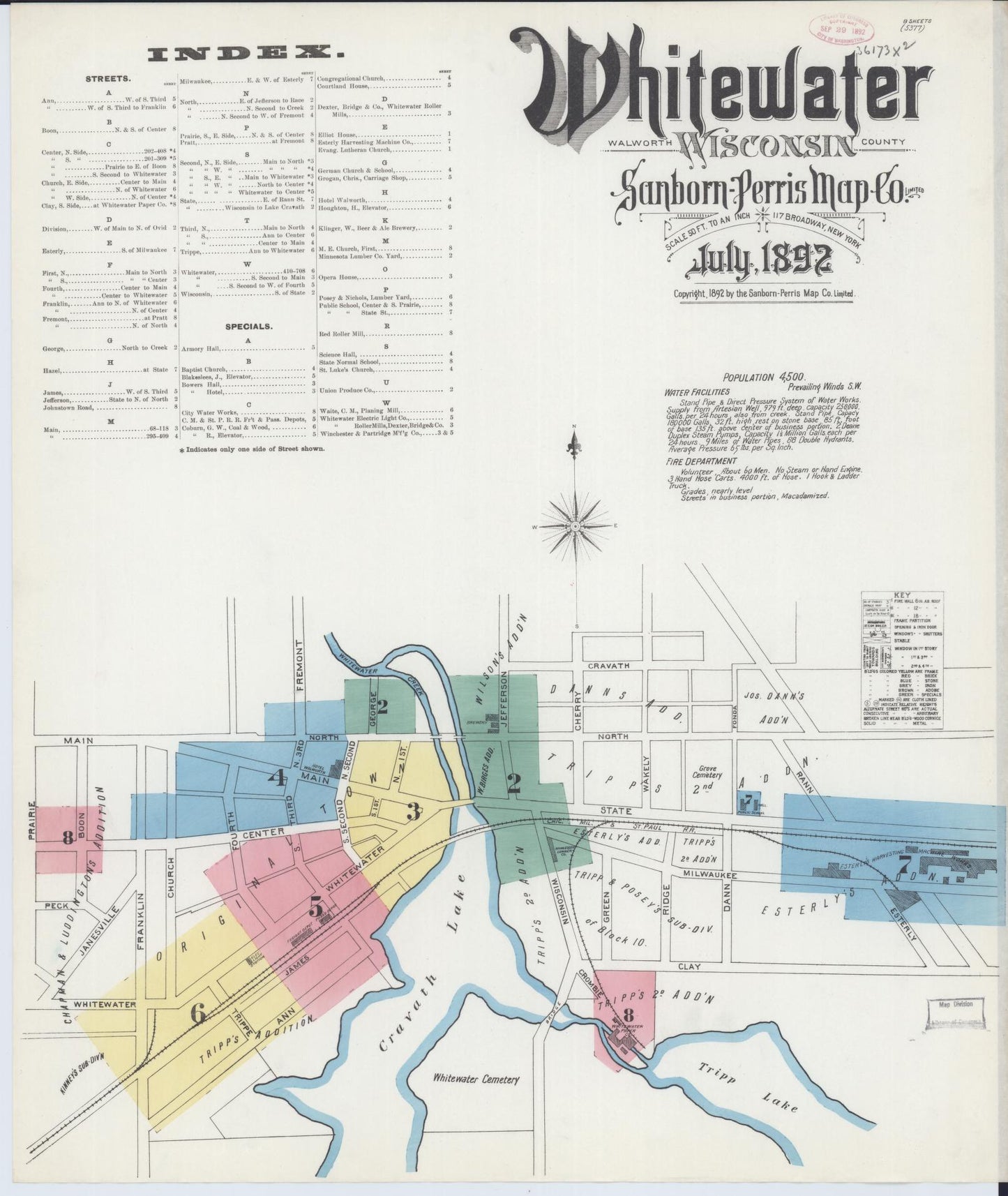 Sanborn Fire Insurance Map from Whitewater, Walworth County, Wisconsin (1892), Sheet #0001 - Historic Sanborn Fire Insurance Map Print, vintage old map wall art, antique decor, genealogy gift, Wisconsin Wisconsin map