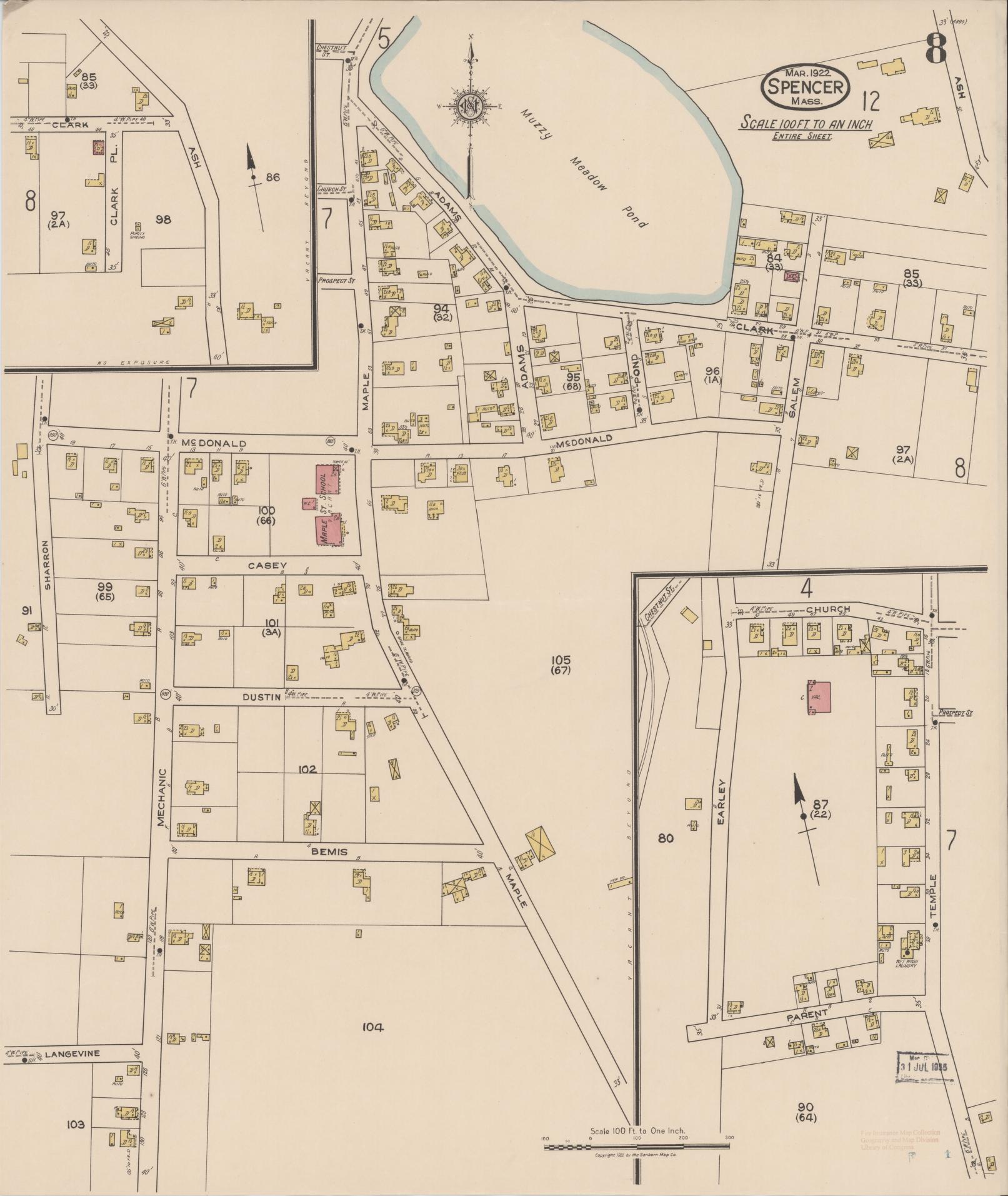 Sanborn Fire Insurance Map from Spencer, Worcester County, Massachusetts (1922), Sheet #0008 - Historic Sanborn Fire Insurance Map Print, vintage old map wall art, antique decor, genealogy gift, Massachusetts Massachusetts map