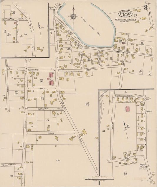 Sanborn Fire Insurance Map from Spencer, Worcester County, Massachusetts (1922), Sheet #0008 - Historic Sanborn Fire Insurance Map Print, vintage old map wall art, antique decor, genealogy gift, Massachusetts Massachusetts map