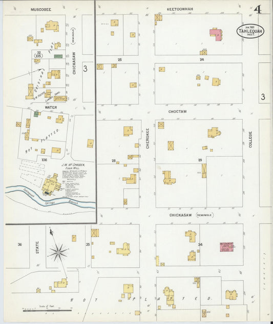 Sanborn Fire Insurance Map from Tahlequah, Cherokee County, Oklahoma (1901), Sheet #0004 - Historic Sanborn Fire Insurance Map Print, vintage old map wall art, antique decor, genealogy gift, Oklahoma Oklahoma map