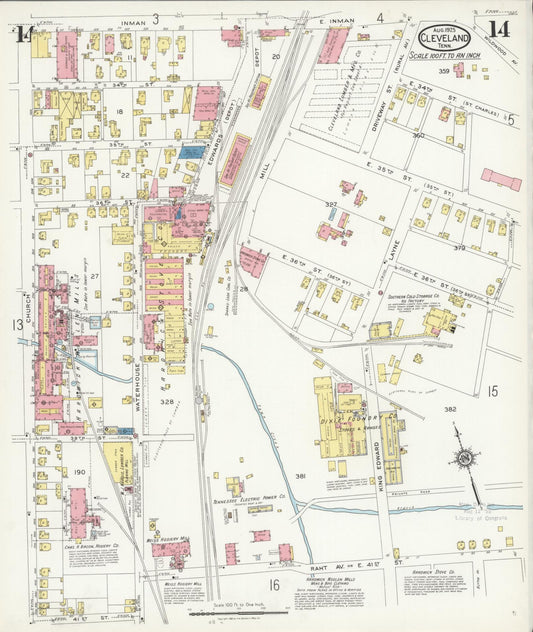 Sanborn Fire Insurance Map from Cleveland, Bradley County, Tennessee (1925), Sheet #0014 - Historic Sanborn Fire Insurance Map Print, vintage old map wall art, antique decor, genealogy gift, Tennessee Tennessee map