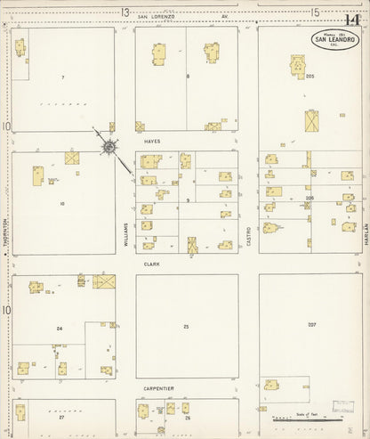 Sanborn Fire Insurance Map from San Leandro, Alameda County, California (1911), Sheet #0014 - Complete Map Set gallery image, historic Sanborn map, vintage wall art, California California