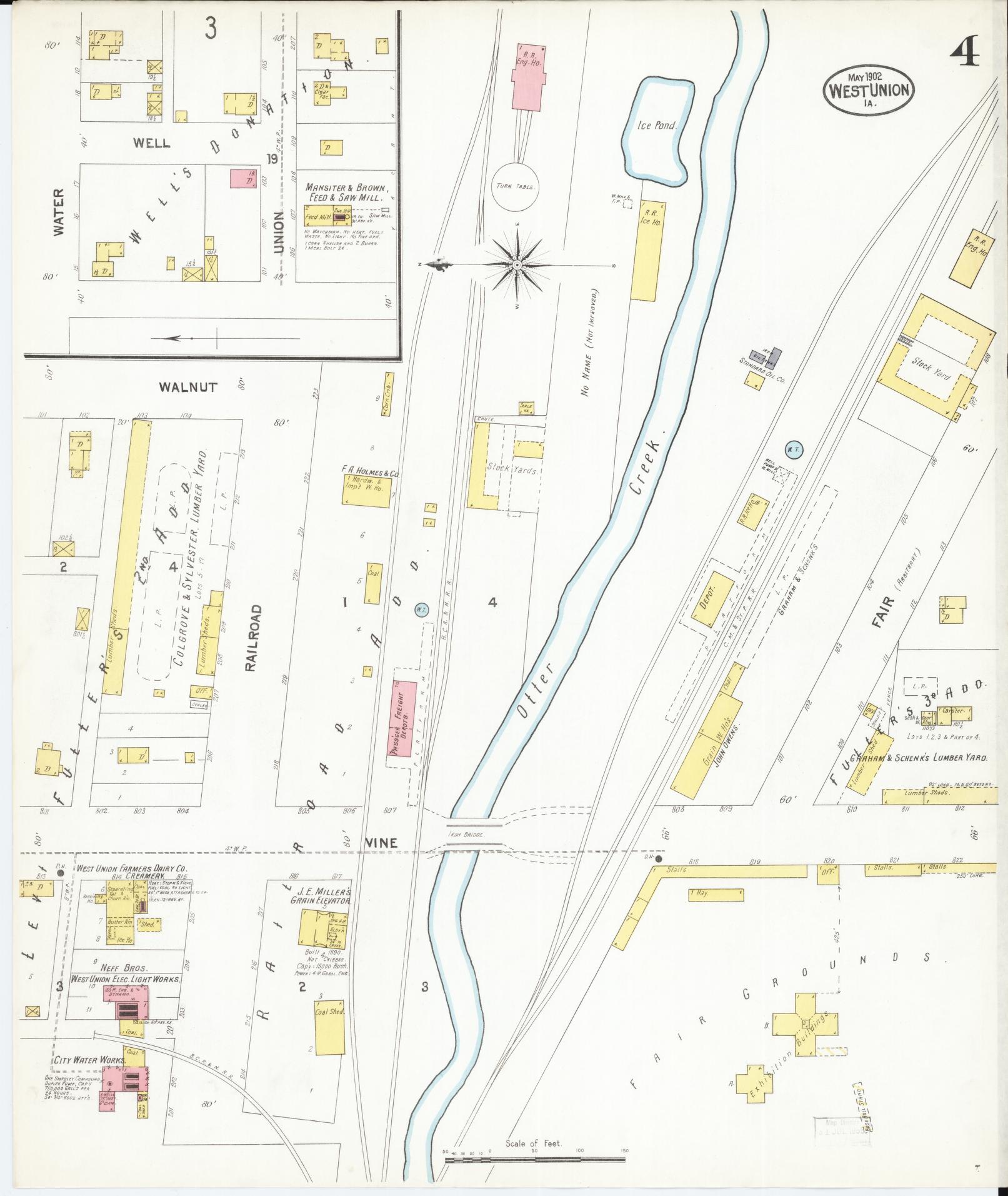 Sanborn Fire Insurance Map from West Union, Fayette County, Iowa (1902), Sheet #0004 - Historic Sanborn Fire Insurance Map Print, vintage old map wall art