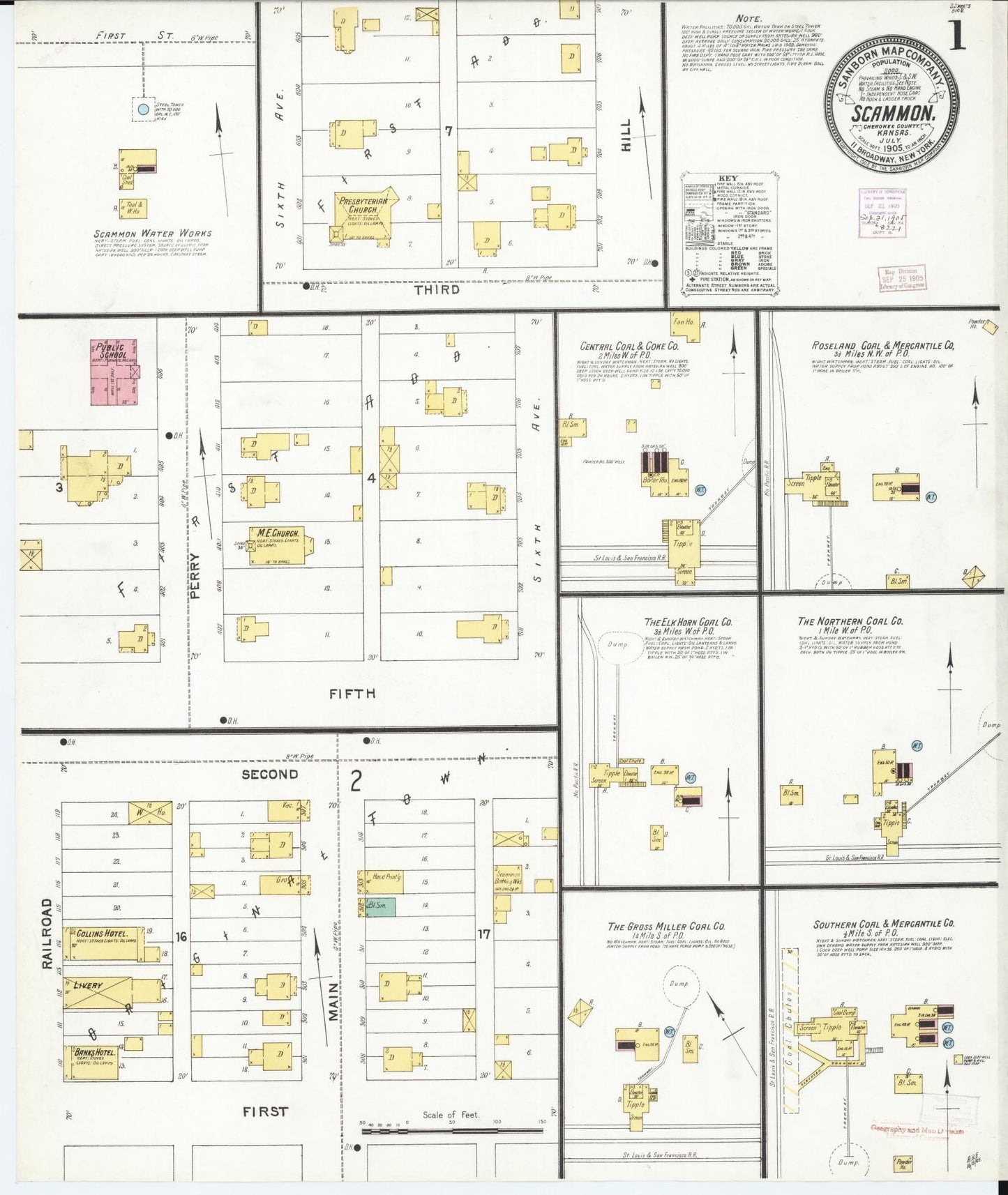 Sanborn Fire Insurance Map from Scammon, Cherokee County, Kansas (1905), Sheet #0001 - Complete Map Set gallery image, historic Sanborn map, vintage wall art, Kansas Kansas