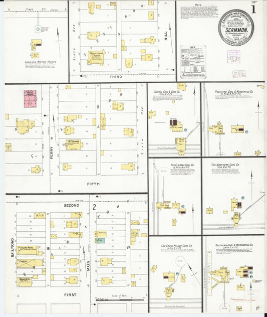 Sanborn Fire Insurance Map from Scammon, Cherokee County, Kansas (1905), Sheet #0001 - Complete Map Set gallery image, historic Sanborn map, vintage wall art, Kansas Kansas