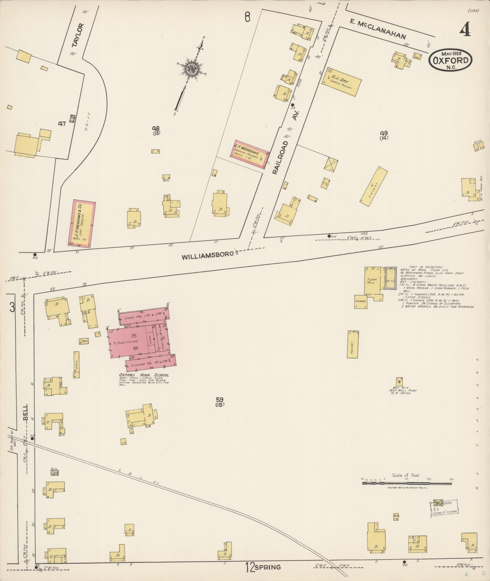 Sanborn Fire Insurance Map from Oxford, Granville County, North Carolina (1922), Sheet #0004 - Complete Map Set gallery image, historic Sanborn map, vintage wall art, North Carolina North Carolina