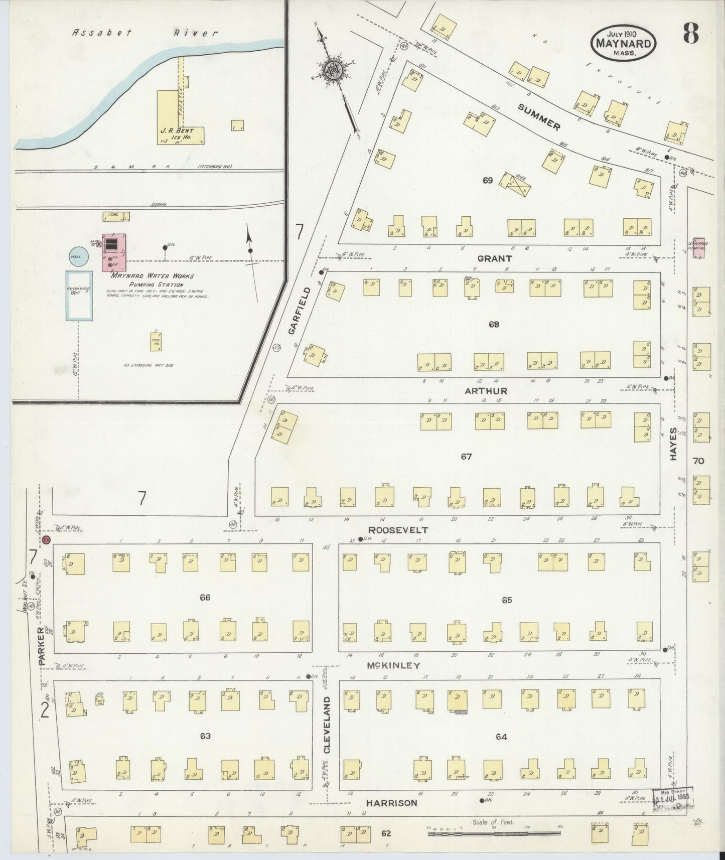 Sanborn Fire Insurance Map from Maynard, Middlesex County, Massachusetts (1910), Sheet #0008 - Historic Sanborn Fire Insurance Map Print, vintage old map wall art, antique decor, genealogy gift, Massachusetts Massachusetts map