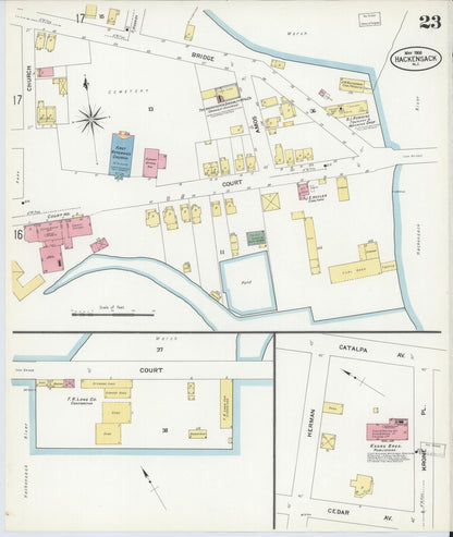 Sanborn Fire Insurance Map from Hackensack, Bergen County, New Jersey (1908), Sheet #0023 - Historic Sanborn Fire Insurance Map Print, vintage old map wall art, antique decor, genealogy gift, New Jersey New Jersey map