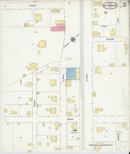 Sanborn Fire Insurance Map from Westminster, Oconee County, South Carolina (1911), Sheet #0002 - Complete Map Set gallery image, historic Sanborn map, vintage wall art, South Carolina South Carolina